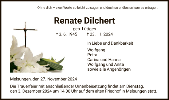 Todesanzeige von Renate Dilchert von HNA
