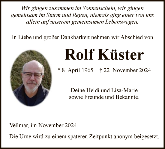 Todesanzeige von Rolf Küster von HNA