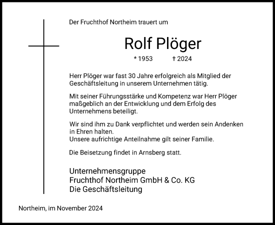 Todesanzeige von Rolf Plöger von HNA