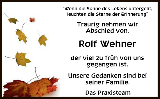Todesanzeige von Rolf Wehner von HNA