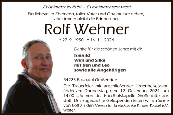 Todesanzeige von Rolf Wehner von HNA