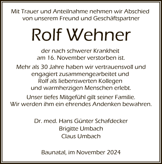 Todesanzeige von Rolf Wehner von HNA