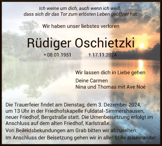 Todesanzeige von Rüdiger Oschietzki von HNA