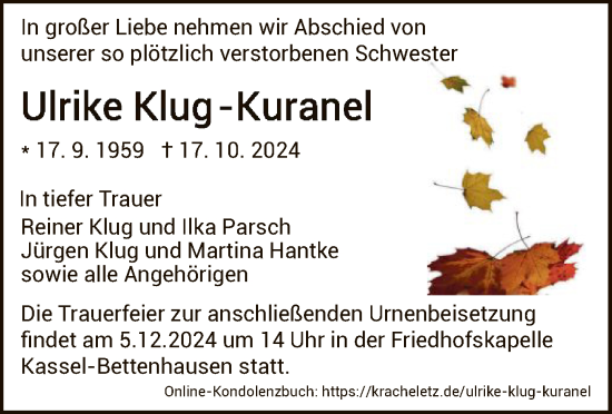 Todesanzeige von Ulrike Klug-Kuranel von HNA