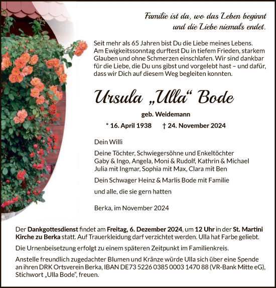 Todesanzeige von Ursula Bode von HNA