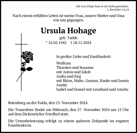Todesanzeige von Ursula Hohage von HNA