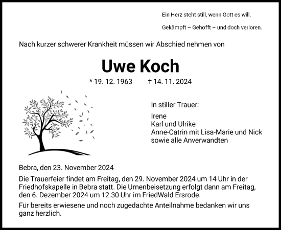 Todesanzeige von Uwe Koch von HNA