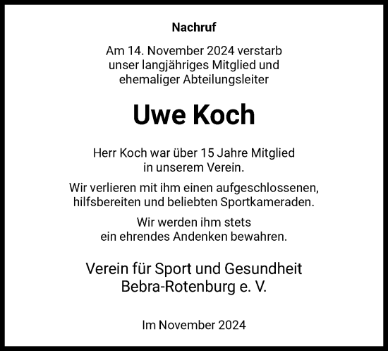 Todesanzeige von Uwe Koch von HNA