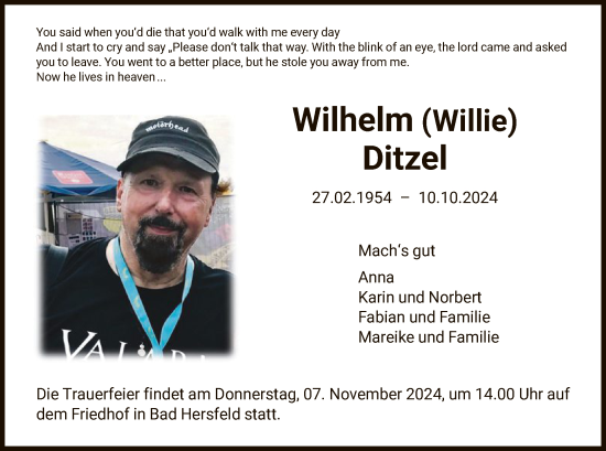 Todesanzeige von Wilhelm Ditzel von HNA