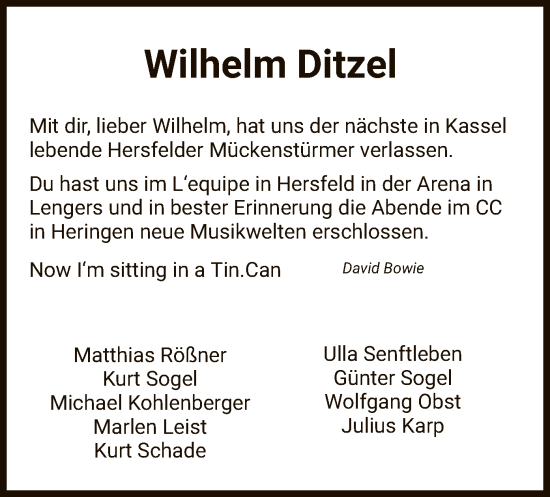 Todesanzeige von Wilhelm Ditzel von HNA
