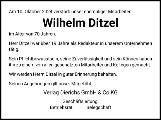 Todesanzeige von Wilhelm Ditzel von HNA