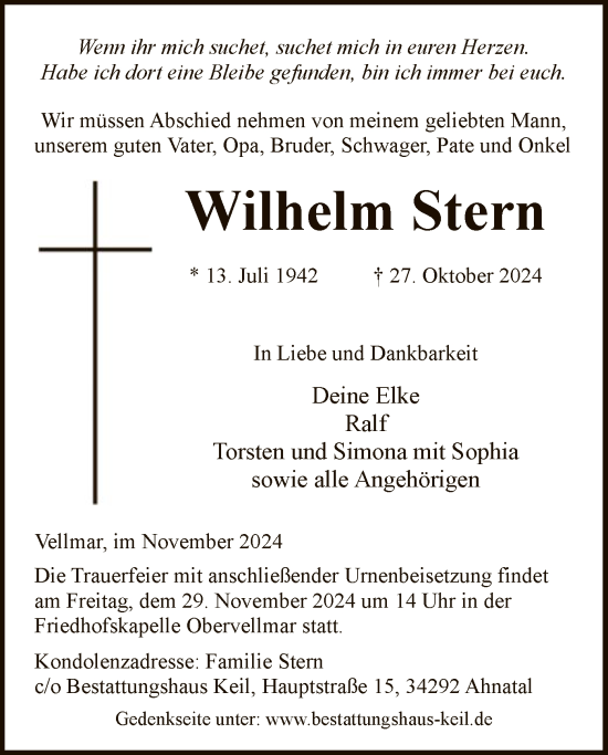 Todesanzeige von Wilhelm Stern von HNA