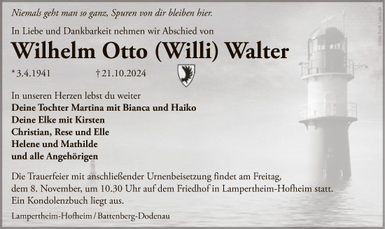 Todesanzeige von Wilhelm Otto Walter von HNA