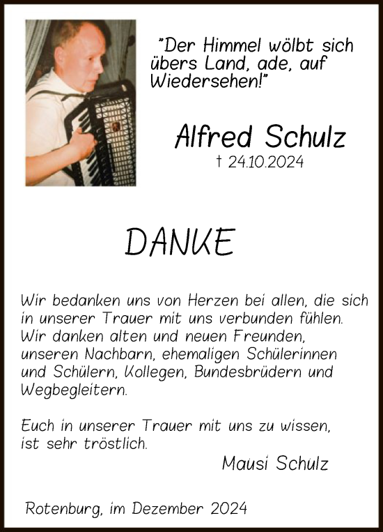 Todesanzeige von Alfred Schulz von HNA