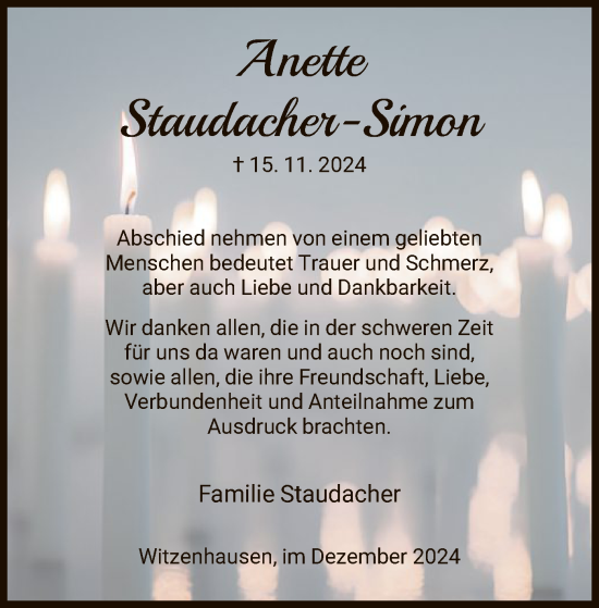 Todesanzeige von Anette Staudacher-Simon von HNA