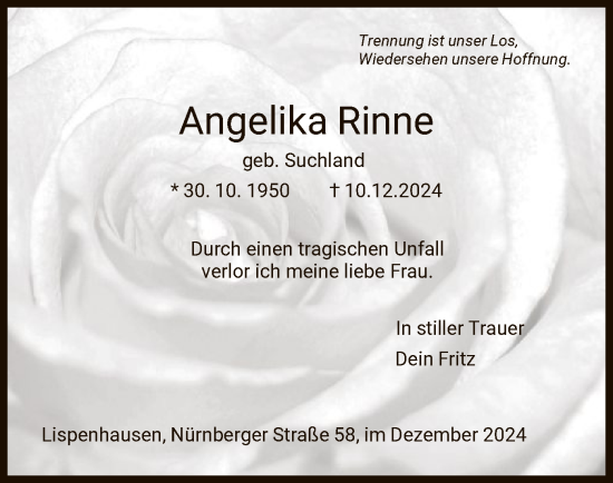 Todesanzeige von Angelika Rinne von HNA