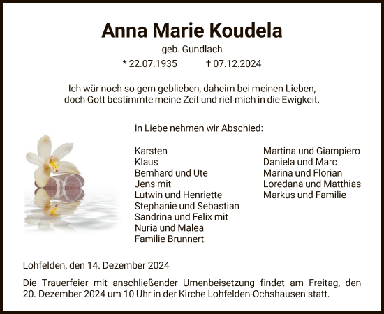 Todesanzeige von Anna Koudela von HNA