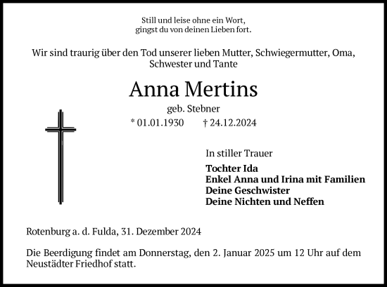 Todesanzeige von Anna Mertins von HNA