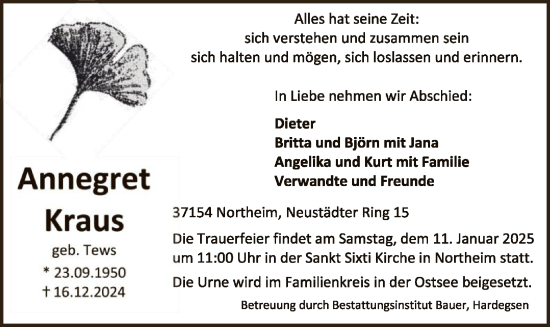 Todesanzeige von Annegret Kraus von HNA