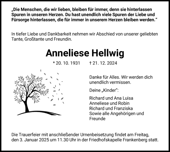 Todesanzeige von Anneliese Hellwig von HNA