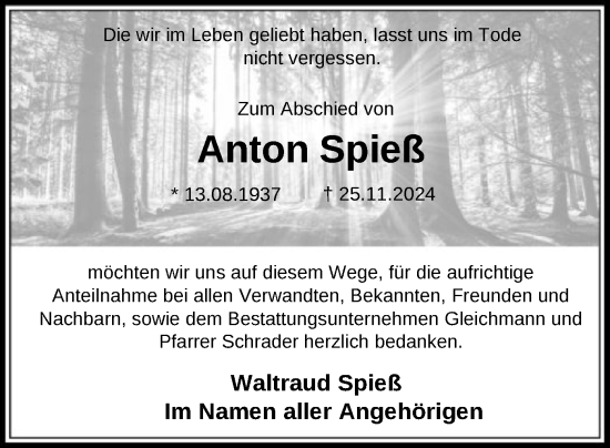 Todesanzeige von Anton Spieß von HNA