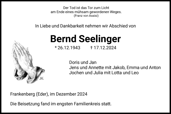 Todesanzeige von Bernd Seelinger von HNA