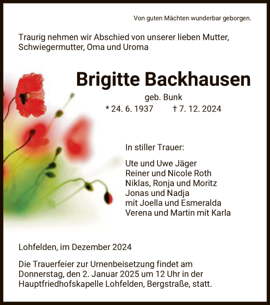 Todesanzeige von Brigitte Backhausen von HNA