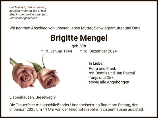 Todesanzeige von Brigitte Menge von HNA