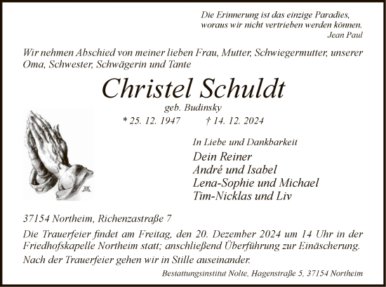 Todesanzeige von Christel Schuldt von HNA