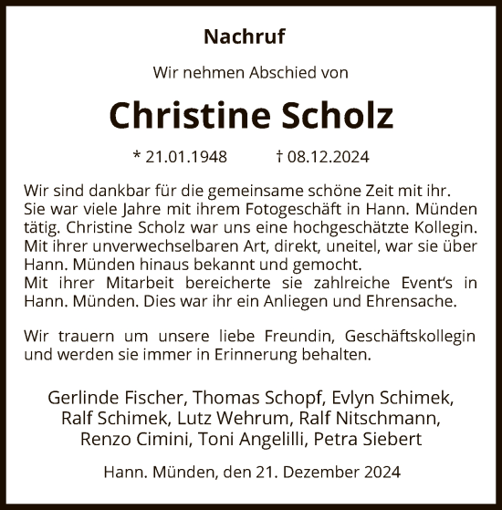 Todesanzeige von Christine Scholz von HNA