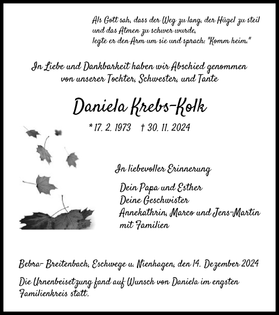 Todesanzeige von Daniela Krebs-Kolk von HNAHNA