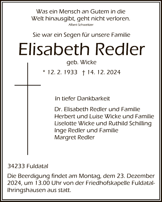 Todesanzeige von Elisabeth Redler von HNA