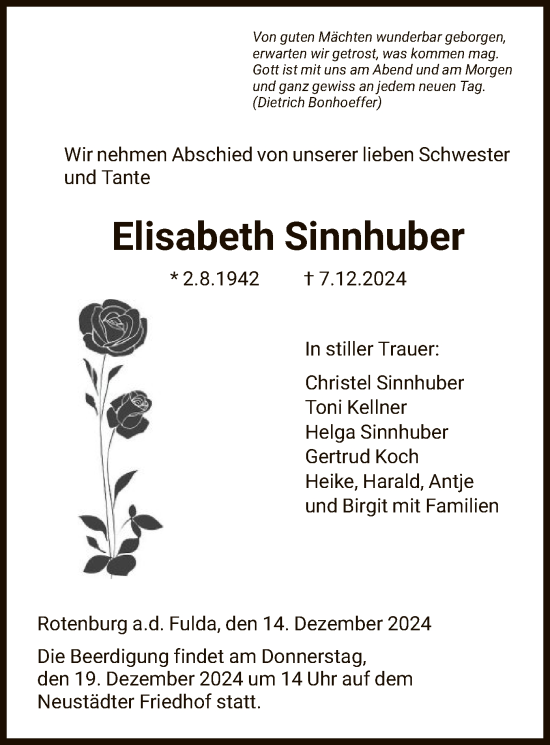 Todesanzeige von Elisabeth Sinnhuber von HNA