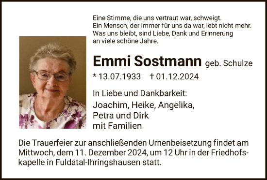 Todesanzeige von Emmi Sostmann von HNA