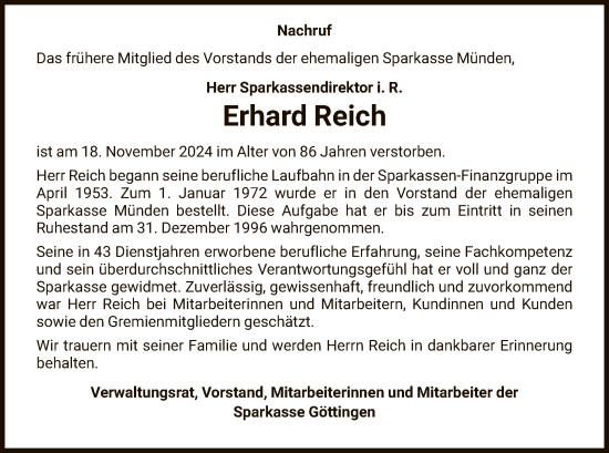 Todesanzeige von Erhard Reich von HNA