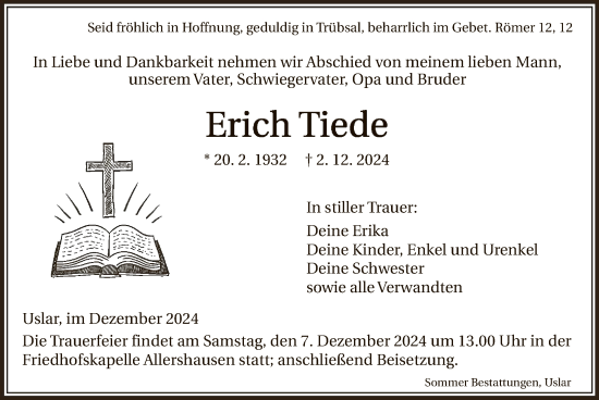 Todesanzeige von Erich Tiede von HNA