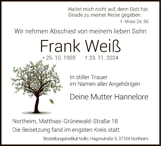 Todesanzeige von Frank Weiß von HNA