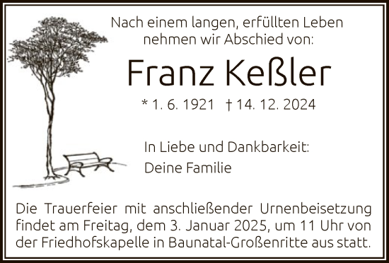 Todesanzeige von Franz Keßler von HNA