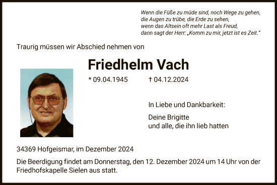 Todesanzeige von Friedhelm Vach von HNA