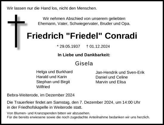 Todesanzeige von Friedrich Conradi von HNA