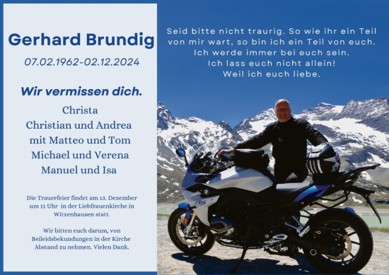 Todesanzeige von Gerhard Brundig von HNA