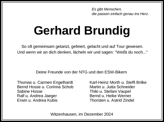 Todesanzeige von Gerhard Brundig von HNA