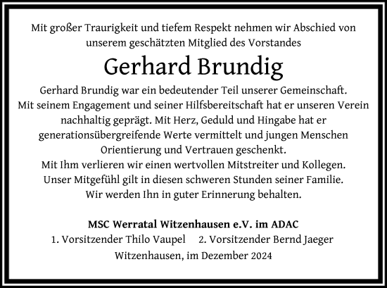 Todesanzeige von Gerhard Brundig von HNA