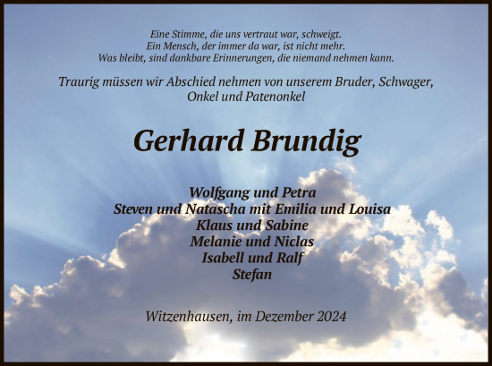 Todesanzeige von Gerhard Brundig von HNA