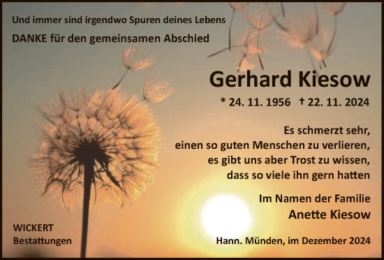 Todesanzeige von Gerhard Kiesow von HNA