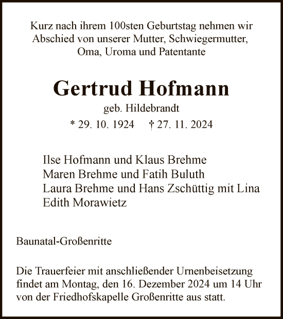 Todesanzeige von Gertrud Hofmann von HNA
