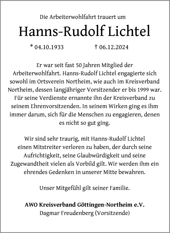 Todesanzeige von Hanns-Rudolf Lichtel von HNA