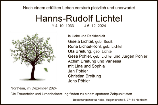 Todesanzeige von Hanns-Rudolf Lichtel von HNA