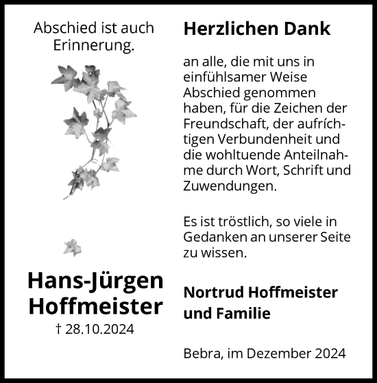 Todesanzeige von Hans-Jürgen Hoffmeister von HNA