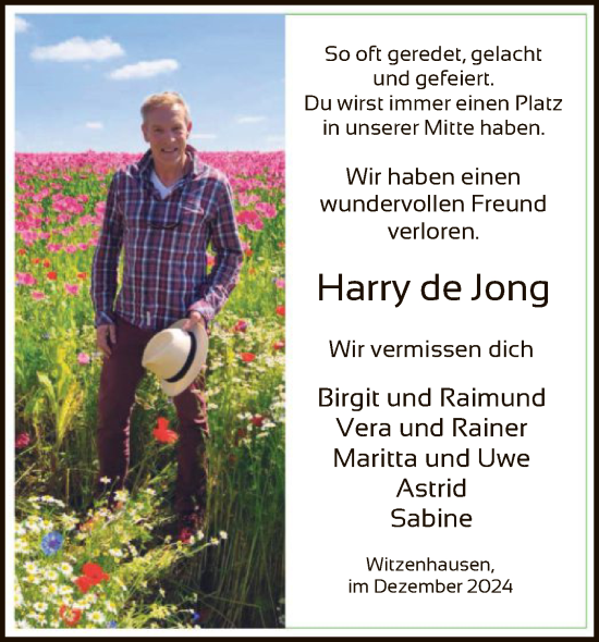 Todesanzeige von Harry de Jong von HNA
